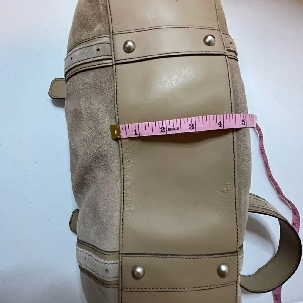 Longaberger Fold Over Hobo Handbag Purse Suede Leather Taupe Sisters